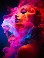 un' donna con colorato Fumo nel sua capelli generativo ai foto