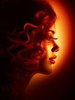 un' donna con rosso capelli nel il buio con il sole nel il sfondo generativo ai foto