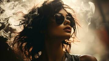 un' donna con occhiali da sole e Fumo In arrivo su di sua capelli generativo ai foto
