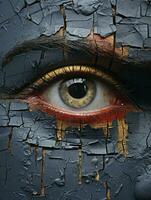 un' womans occhio è dipinto su un' Cracked parete generativo ai foto