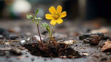 un' giallo fiore è in crescita su di un' buco nel il terra generativo ai foto