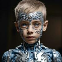 un' giovane ragazzo nel un' futuristico costume generativo ai foto