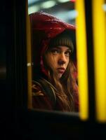 un' giovane ragazza nel un' rosso felpa con cappuccio guardare su il finestra generativo ai foto