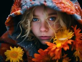 un' giovane ragazza indossare un' felpa con cappuccio e Tenere fiori generativo ai foto