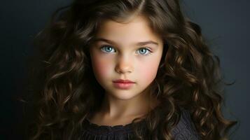 un' giovane ragazza con lungo Riccio capelli e blu occhi generativo ai foto