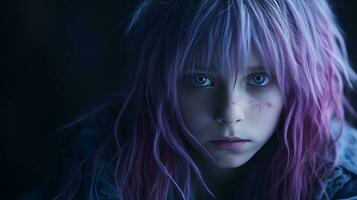 un' giovane ragazza con rosa capelli e blu occhi generativo ai foto