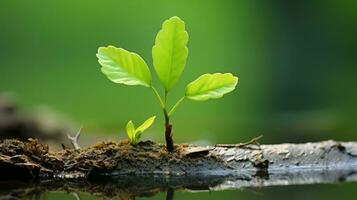 un' giovane pianta germinazione a partire dal un' log nel il acqua generativo ai foto