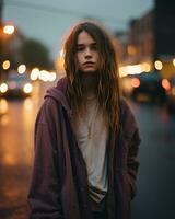 un' giovane donna in piedi nel il mezzo di un' città strada a notte generativo ai foto
