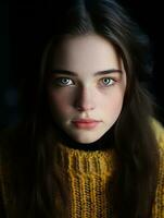 un' giovane donna con blu occhi e un' giallo maglione generativo ai foto