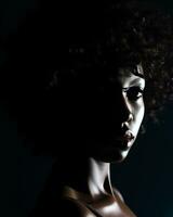 un africano americano donna con un afro nel il buio generativo ai foto