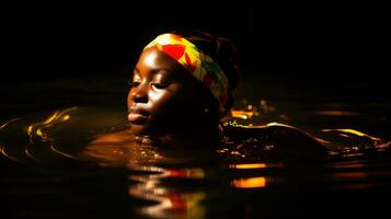 un africano donna nel il acqua con sua fascia per capelli su generativo ai foto