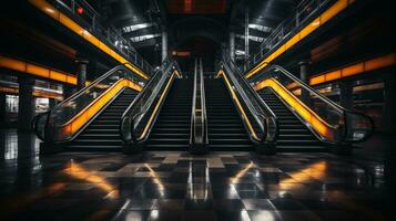 un scala mobile nel un vuoto treno stazione a notte generativo ai foto