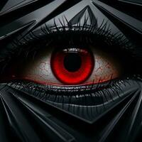 un occhio con rosso iris su un' nero sfondo generativo ai foto