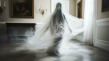 un Immagine di un' spettrale donna nel un' bianca vestito generativo ai foto