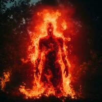 un Immagine di un' uomo in piedi nel davanti di un' fuoco generativo ai foto