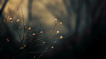 un Immagine di un' albero nel il buio con le foglie su esso generativo ai foto