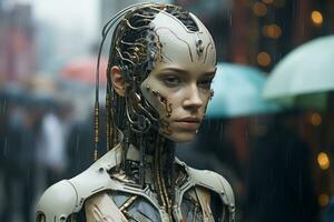 un Immagine di un' donna nel un' robot completo da uomo in piedi nel il pioggia generativo ai foto