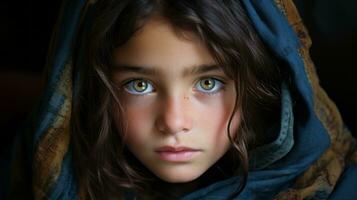 un Immagine di un' giovane ragazza con blu occhi generativo ai foto