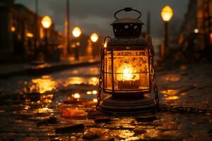 un vecchio lanterna seduta su un' bagnato strada a notte generativo ai foto