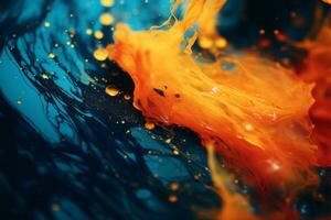 un arancia e blu liquido è spruzzi in il acqua generativo ai foto