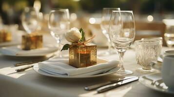 un' perfettamente impostato tavolo per un' memorabile nozze ricezione. generativo ai foto