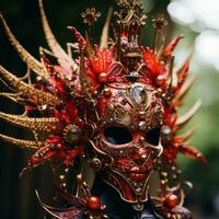un ornato maschera con rosso e oro decorazioni generativo ai foto