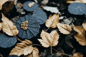 autunno le foglie su il terra con blu e oro le foglie generativo ai foto