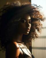 bellissimo africano americano donna con Riccio capelli generativo ai foto