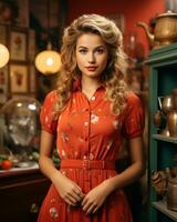 bellissimo bionda donna nel rosso vestito in posa nel antico negozio generativo ai foto