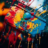 colorato dipingere schizzi su un' nero superficie generativo ai foto