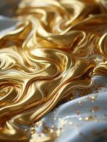 oro liquido fluente al di sopra di un' bianca superficie generativo ai foto