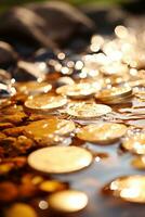 oro monete galleggiante nel acqua con luce del sole splendente su loro generativo ai foto