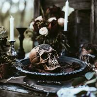 Gotico Halloween tavolo con cranio e candele generativo ai foto