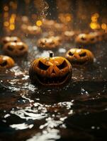 Halloween zucche galleggiante nel il acqua generativo ai foto