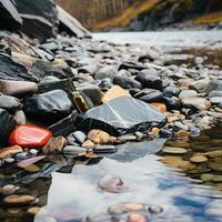 rocce e pietre su il riva di un' fiume generativo ai foto