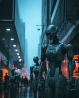 robot a piedi nel il pioggia su un' città strada generativo ai foto