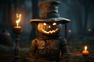 pauroso Halloween zucca con cappello e candela generativo ai foto