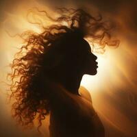 silhouette di un' bellissimo donna con Riccio capelli generativo ai foto