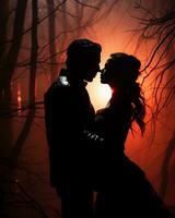 silhouette di un' uomo e donna baci nel il boschi generativo ai foto