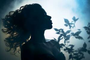 silhouette di un' bellissimo donna con Fumo nel il sfondo generativo ai foto