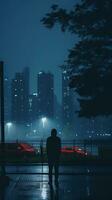 silhouette di un' uomo in piedi nel il pioggia nel davanti di un' città a notte generativo ai foto