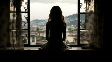 silhouette di un' donna seduta nel davanti di un' finestra generativo ai foto