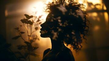 silhouette di un' donna con Riccio capelli nel davanti di il sole generativo ai foto