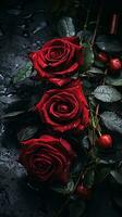 tre rosso Rose su un' nero sfondo con acqua goccioline generativo ai foto