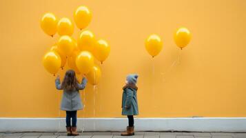 Due poco ragazze in piedi nel davanti di un' giallo parete Tenere giallo palloncini generativo ai foto