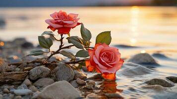 Due rosso Rose su rocce di il acqua a tramonto generativo ai foto