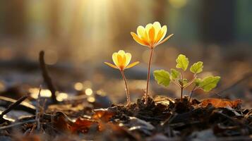 Due giallo fiori in crescita su di il terra nel un' foresta generativo ai foto