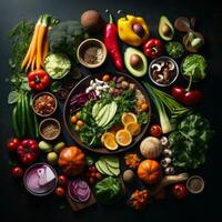 vario verdure e frutta disposte nel un' cerchio su un' nero sfondo generativo ai foto