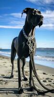 un' maestoso grande dane in piedi su un' spiaggia con un' nero guinzaglio foto