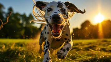 un' giocoso dalmata in esecuzione nel un' campo con un' giallo guinzaglio foto